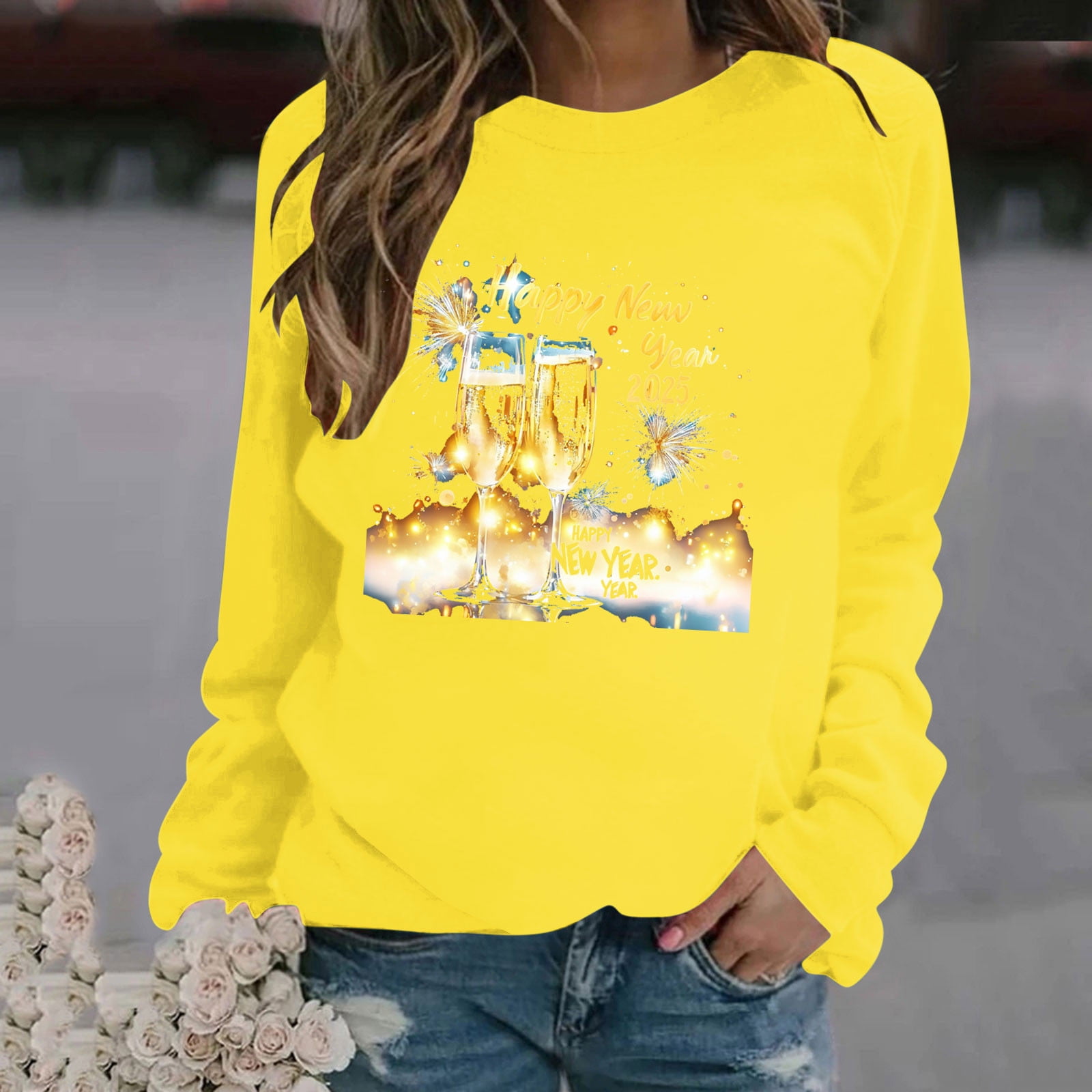 Aobny Plus Size Womens Sweatshirts New Year Yellow Crew Neck Polyester