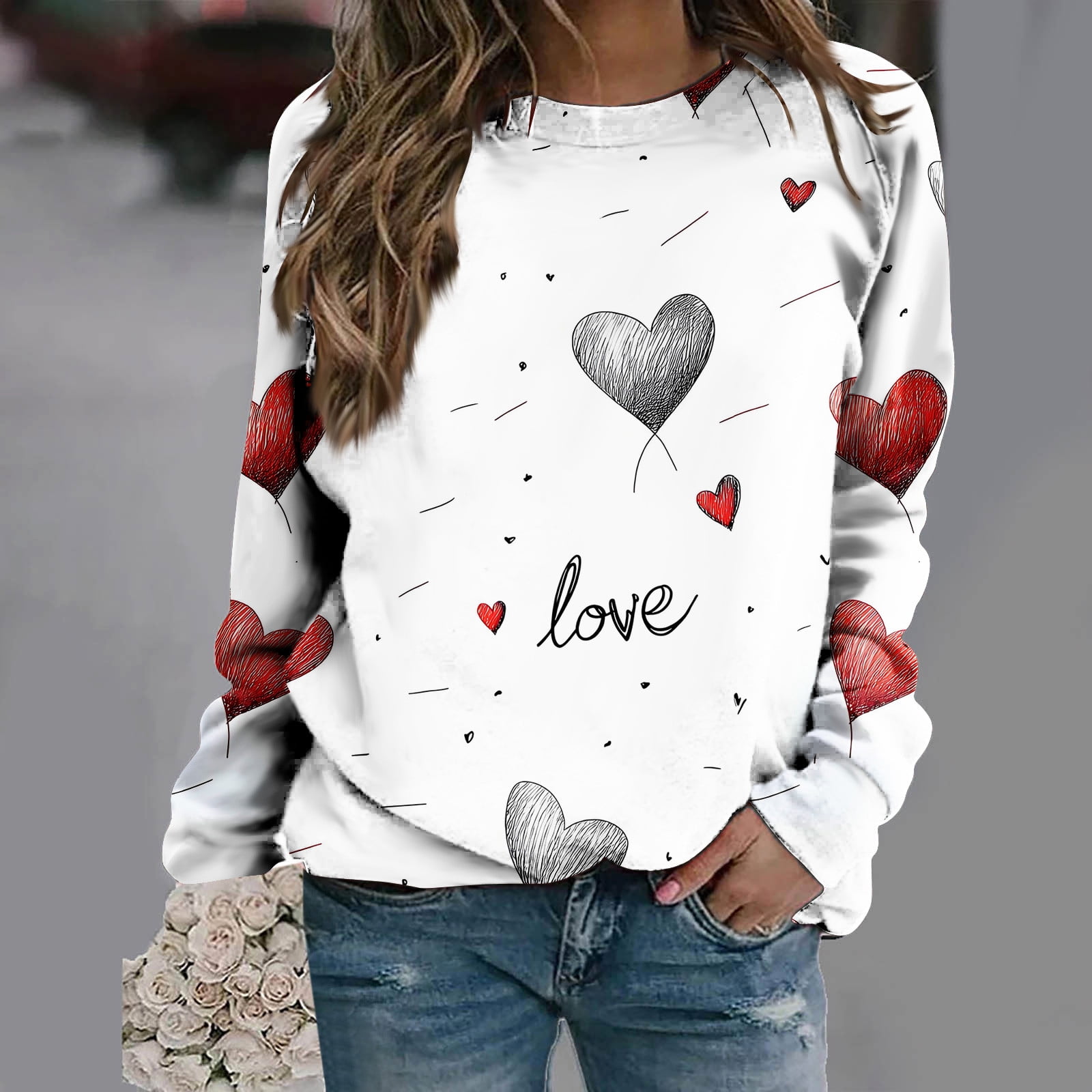 Aobny Plus Size Womens Sweatshirts Valentines Day White Polyester Crew