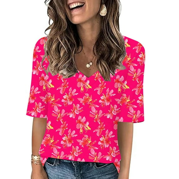 Aobny Plus Women's Tops Pink Flowy T-shirts V-Neck Loose Fit Floral Woman Tops,XXXL