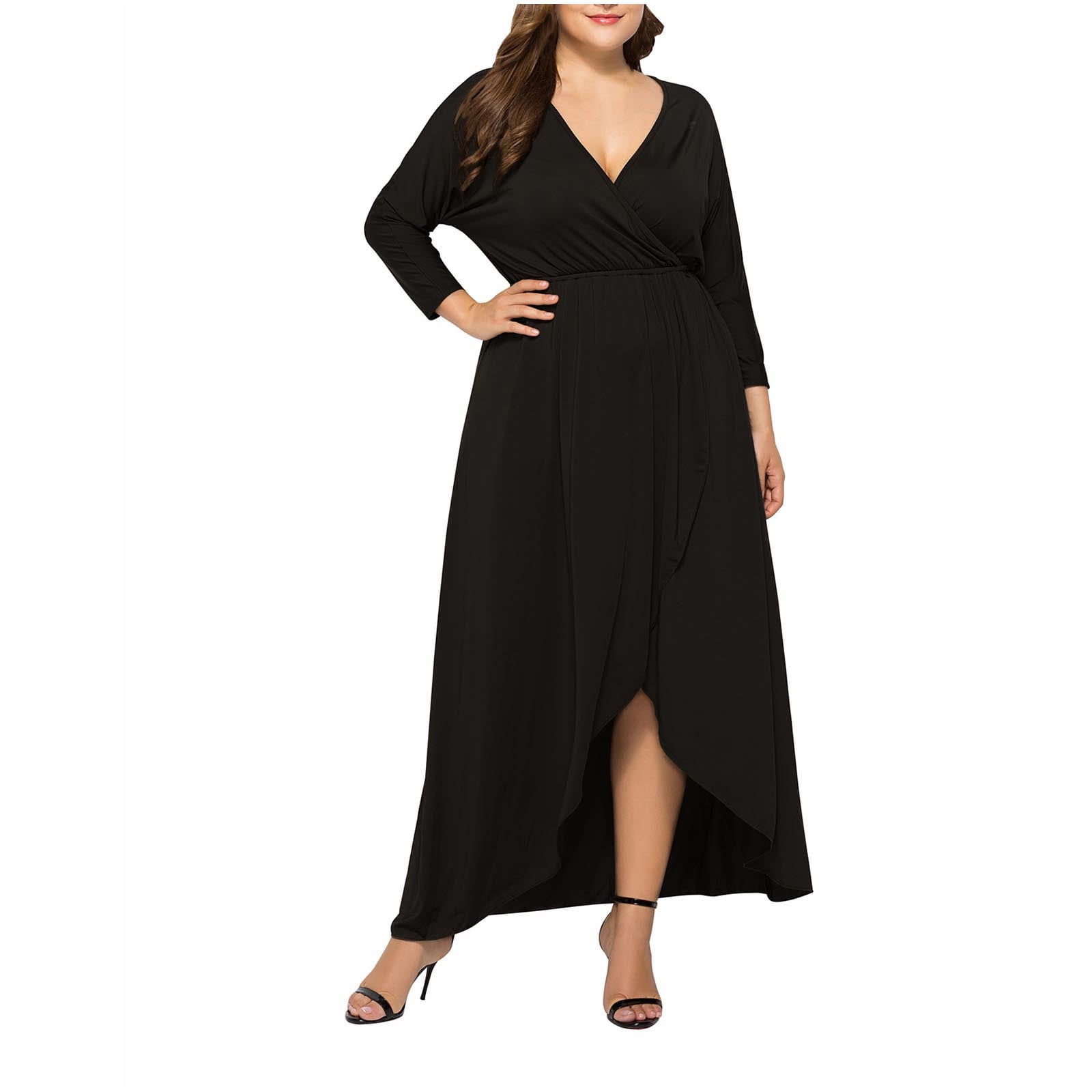 Plus Size Half Sleeve  Spring Autumn A-Line Dress Womencoop Neck Black
