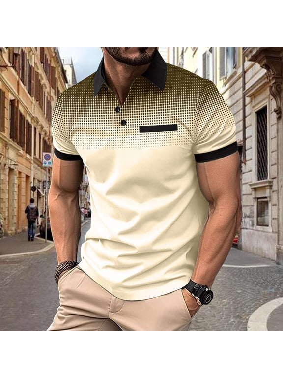 Pocket Men's T-Shirts Gradient Loose Fit Tshirt Collared Big & Tall Polos Short Sleeve Oversized T Shirt,Beige,L