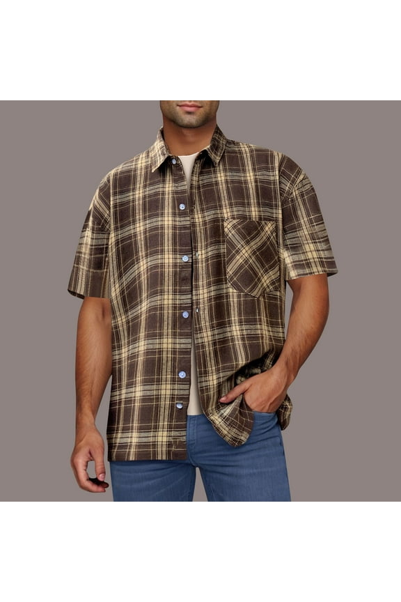 Pocket Shirts Yellow Collared Oversized Short Sleeve Tshirts Big & Tall Button-Up Men Plaid Mens T Shirts,3XL