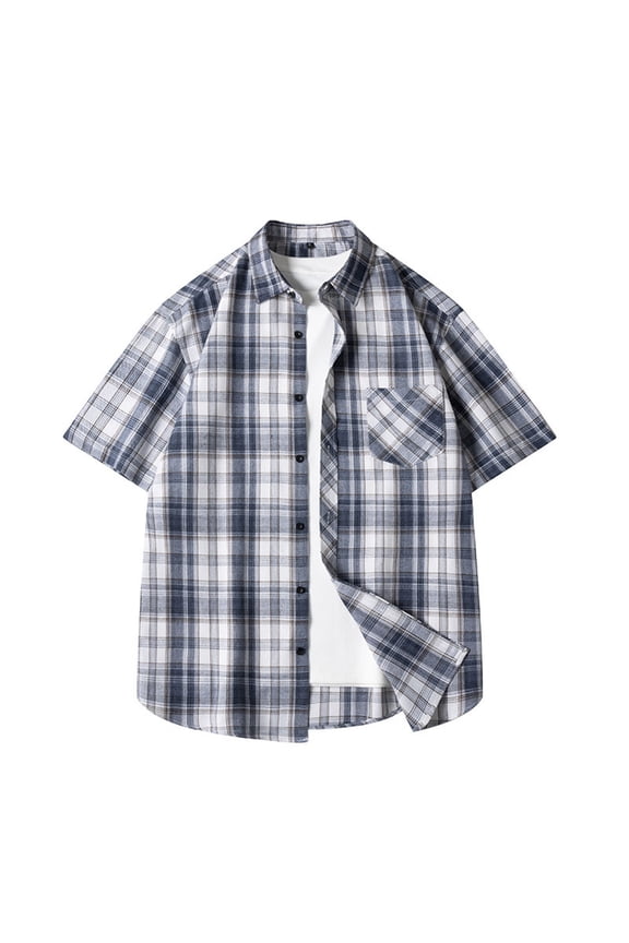 Pocket T-Shirts for Man Plaid Button Down Polos Short Sleeve Big & Tall Collared Oversized Shirt Men,Black,XXL