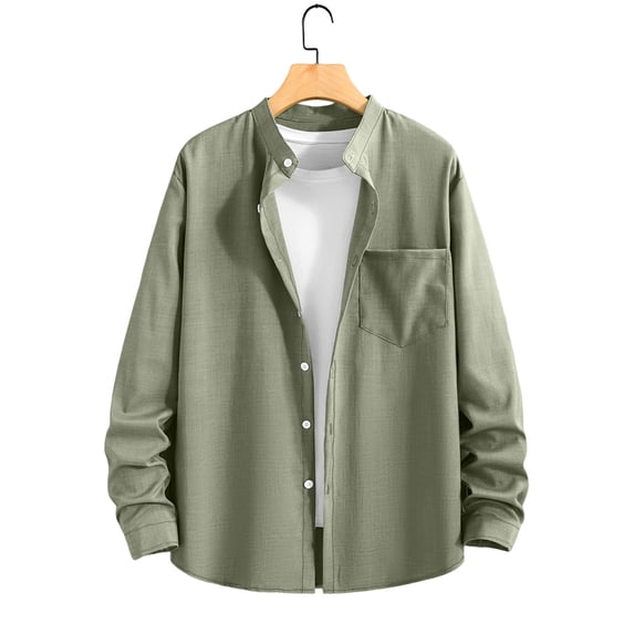 Aobny Pocket T Shirts for Men Button Down Solid Tees Collared Polos Long Sleeve Tee,Green,L