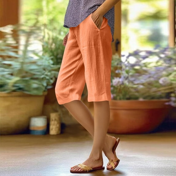Aobny Pockets Shorts Cotton Linen Bermuda Womens Clothing Baggy Casual High Waisted Shorts,Orange,S