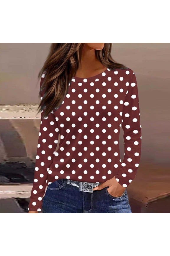 Polka Dot Tshirts Shirts for Women Baggy T Shirt Red Pullover Crew Neck Long Sleeve Funny Shirts for Women,S