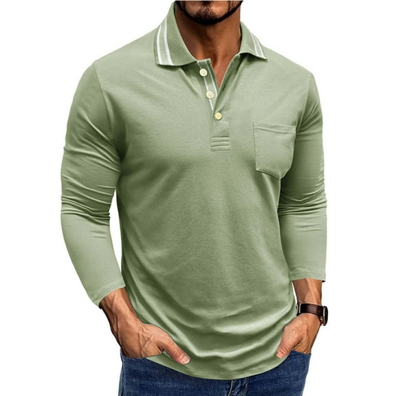 Aobny Polo Collared Mens Workout Shirts Long Sleeve Cotton Green Pocket T-Shirts Plain Pullover Beach Shirts for Men,M