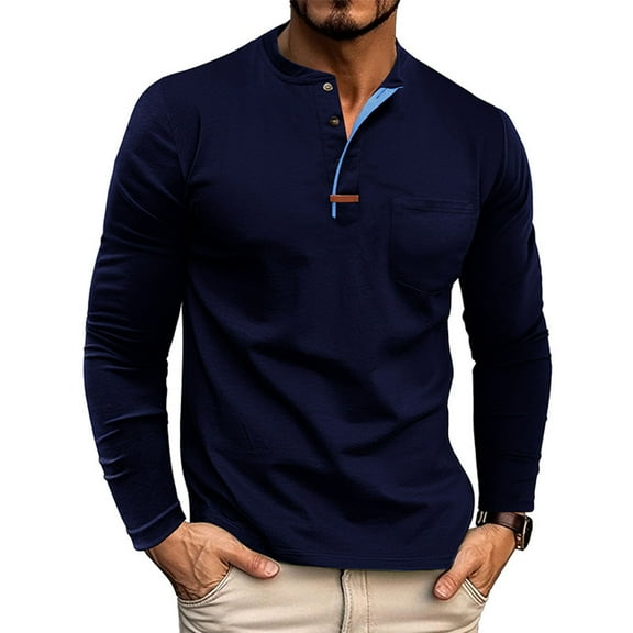 Aobny Polo Cotton Dressy Tops Pocket Long Sleeve Blue Collared Tshirts Pullover Plain Mens Big and Tall Shirts,XXXL