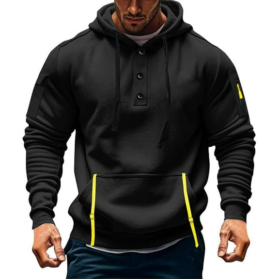 Aobny Polo Hoodie Black Button Up Hooded Tactical Tops Men Mens Hoodie,L