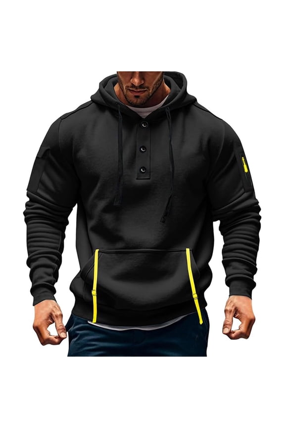 Polo Hoodie Black Button Up Hooded Tactical Tops Men Mens Hoodie,L
