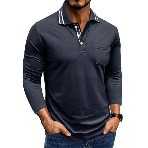 Aobny Polo Pocket Plus Size Graphic Tees Cotton Long Sleeve Collared Blue Tees Plain Men Pullover T Shirts,L