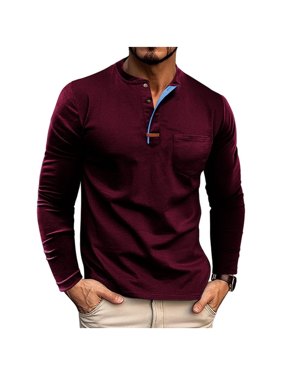 Polo Pocket Work Shirts for Men Cotton Red Long Sleeve Collared Tee Pullover Plain Tshirts,XXL