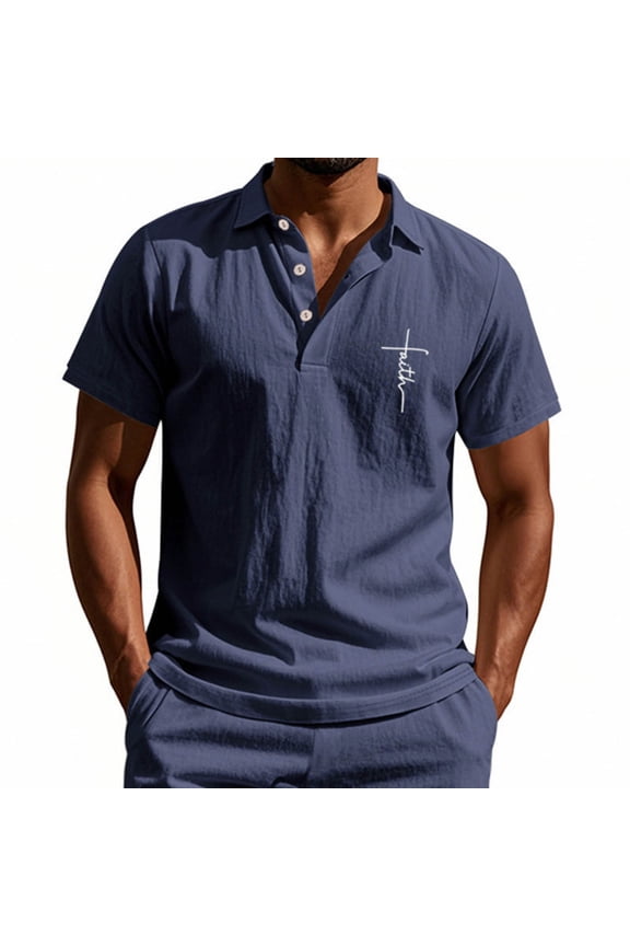 Polo Short Sleeve Big and Tall Shirts for Men Cotton Blue Linen Collared Tee Christian Pullover Work Shirts for Men,M
