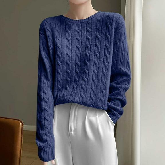 Aobny Pretty Womens Sweaters Cotton Blue Long Sleeve Crew Neck Cable Knit Pullover Spring Juniors Sweaters Workwear