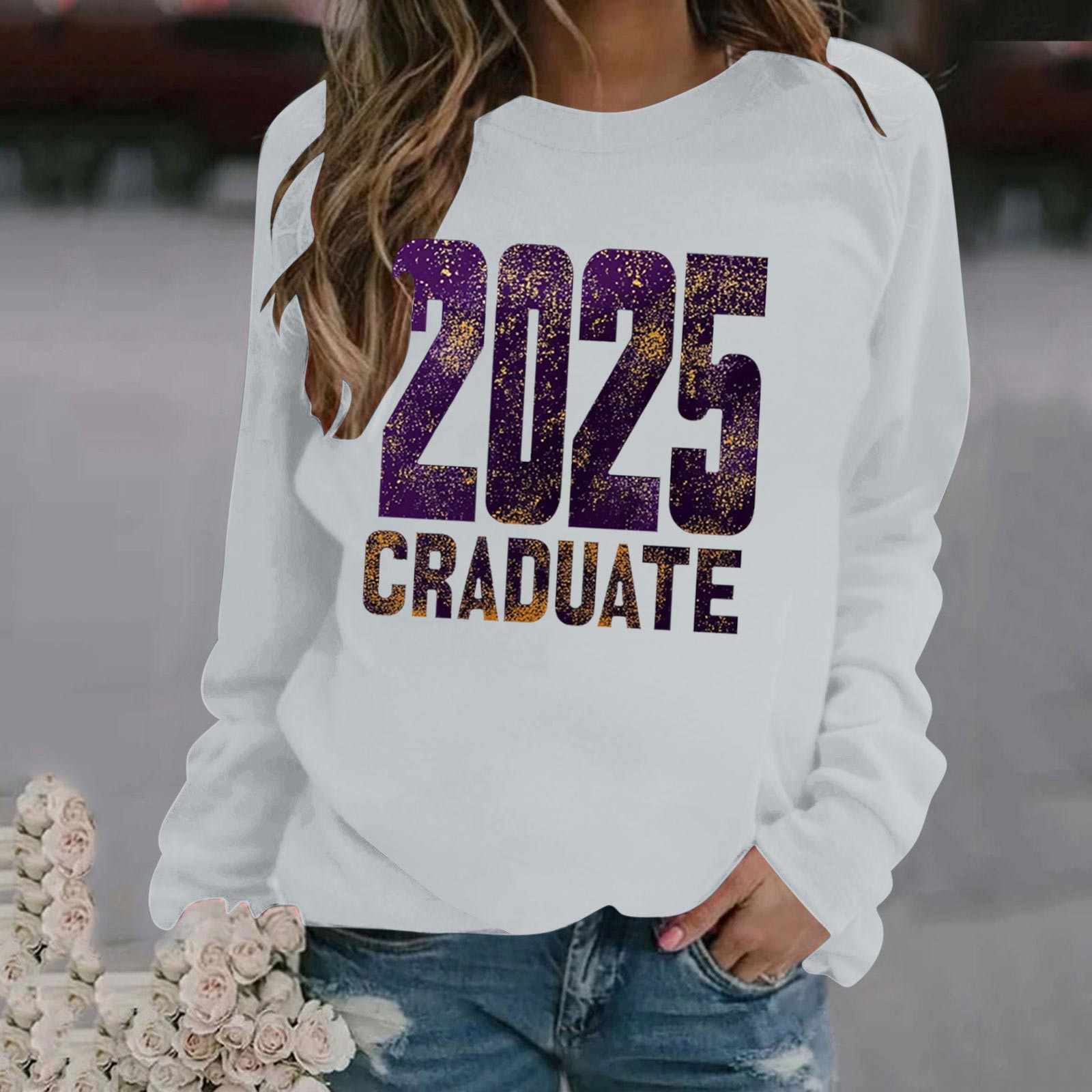Aobny Pretty Womens Sweatshirts New Year Gray Polyester Crew Neck 2025
