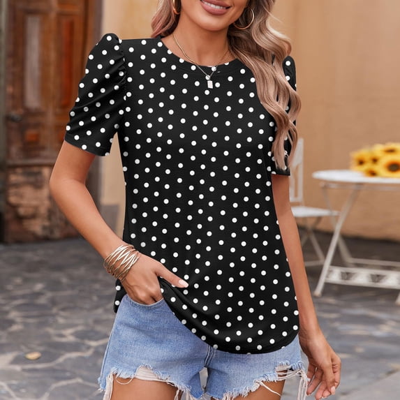 Aobny Puff Women's T-Shirts Polka Dot Vintage T-shirts Black Short Sleeve Crew Neck Womens Dressy Tops and Blouses,L