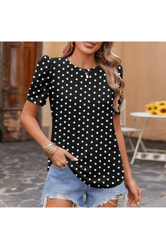 Puff Women's T-Shirts Polka Dot Vintage T-shirts Black Short Sleeve Crew Neck Womens Dressy Tops and Blouses,L