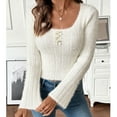 thumbnail image 1 of Aobny Pullover Sweater Tops for Women Ribbed White Crew Neck Sweater Fleece Bell Sleeve Long Sleeve Clothes,XS, 1 of 9