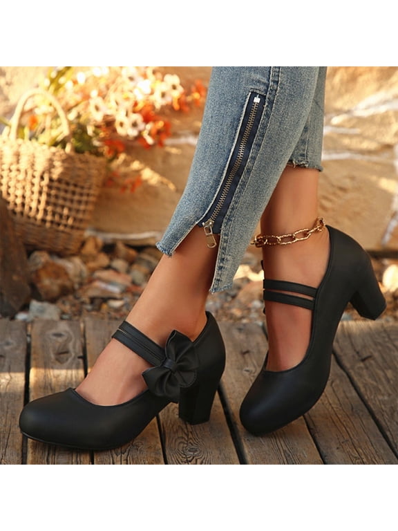 Pumps Shoes Womans Shoes Chunky High Heels Pumps Closed Toe Heels Shoe Mid Heel Hook & Loop Soft Toe Round Toe Black Womens Summer Shoes,Size 39