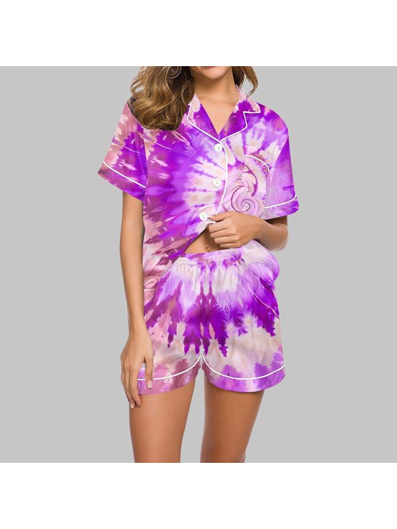 Purple Comfort Women's Pajamas Cooling Fitted Sleepwear Sets Short Sleeve Collared Short Tie-Dye Pants for Junior