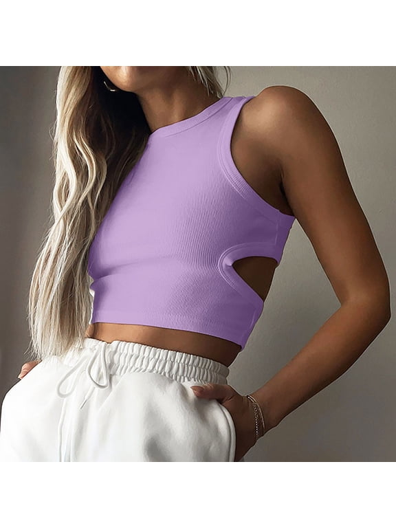Purple Summer Leisure Women's Tank Tops Basic Ribbed Tops High Neck Open Back Crop Tees for Adult