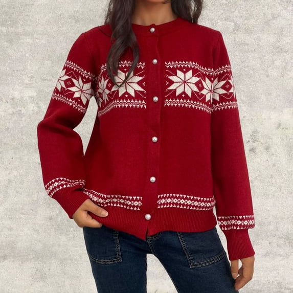 Aobny Red Fall Womans Sweaters Fair Isle Crew Neck Long Sleeve Graphic Button Up Cardigan Ladies Sweaters Sexy