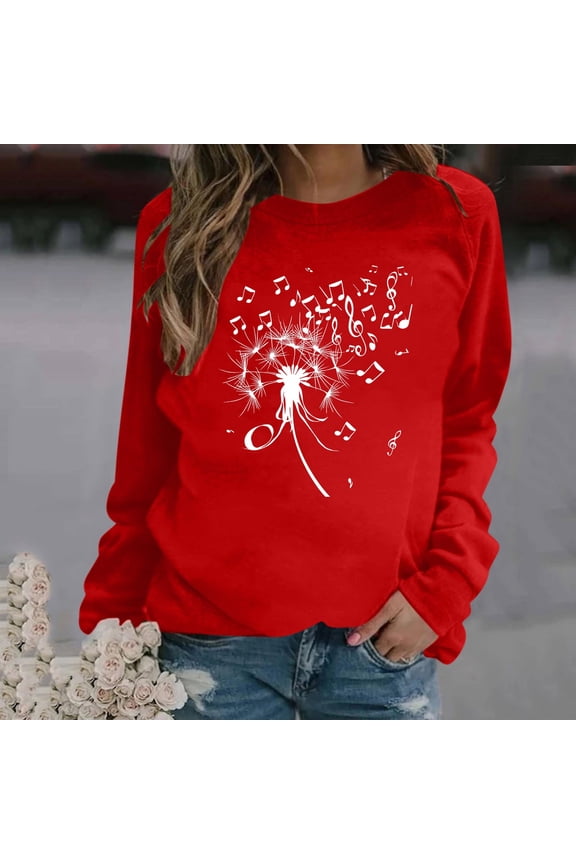 Red Fashion Tops for Women Sweatshirt Pretty Long Sleeve Floral Crew Neck Pullover Tops for Lady Fall