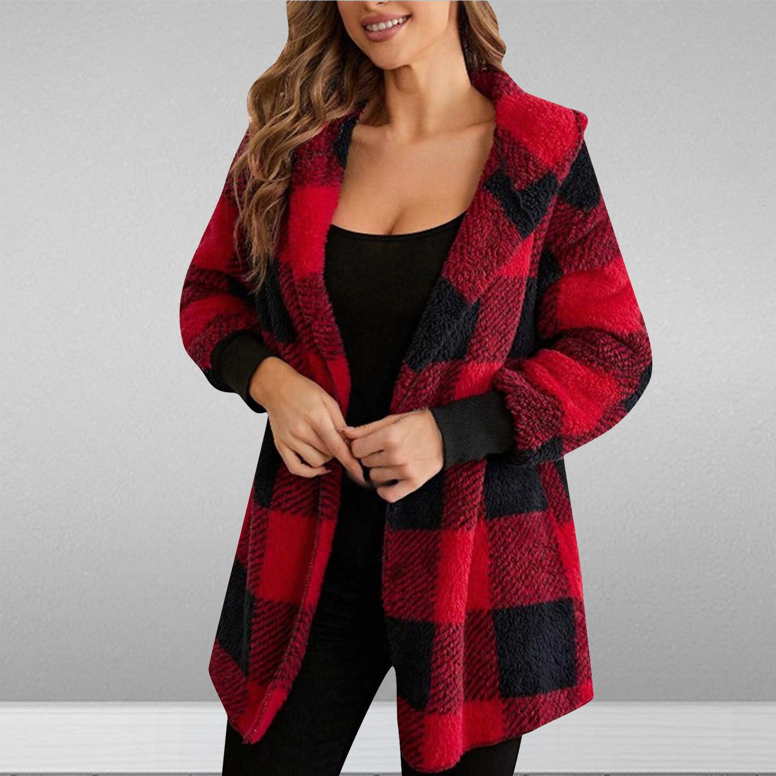 Aobny Red Going Out Tops for Women Cardigan Plaid VNeck Long Sleeve — free download