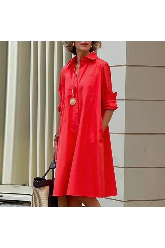 Red Ladies Spring Dresses Elegant Office Shirt Dress Color Block Long Sleeve Party Dresses for Women Elegant Classy