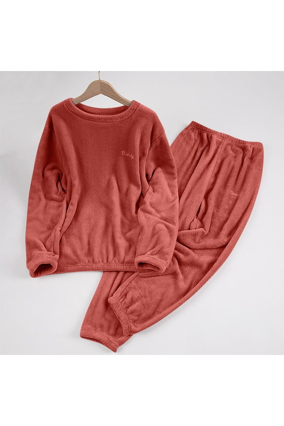 Red Pjs for Women Set Velvet Thermal Nightwear Cuffed Crew Neck Ankle Long Sleeve Womens Pjs,L