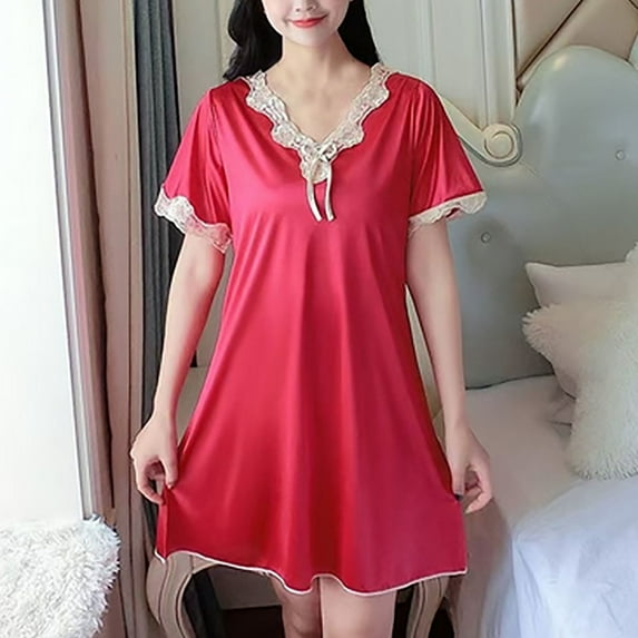 Aobny Red Sleepwear Women Lace Silk Night Gown Short V-Neck Short Sleeve Family Christmas Pajamas,L