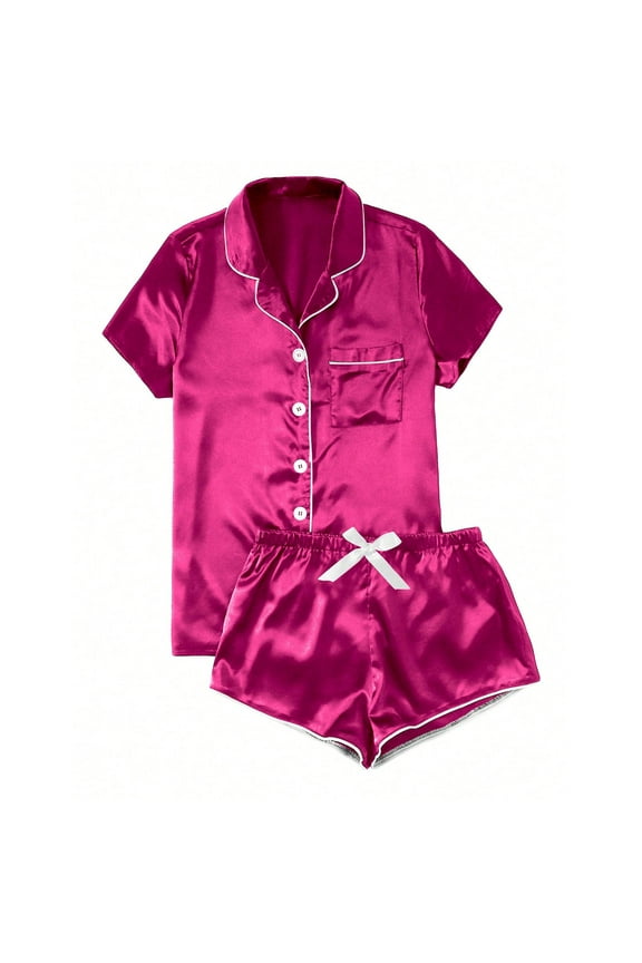 Red Summer Women's Pajamas Fancy Silk Sleepwear Sets Wide-Leg Collared Satin Juniors Pjs