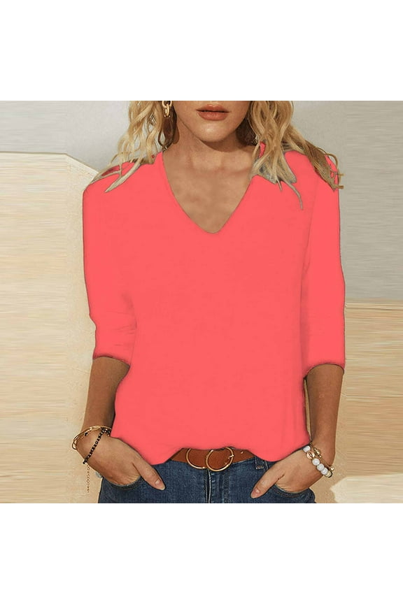 Red Women's Streetwear T-Shirt Basic Trendy Clothes V-Neck 3/4 Sleeve Flowy Juniors Blouses