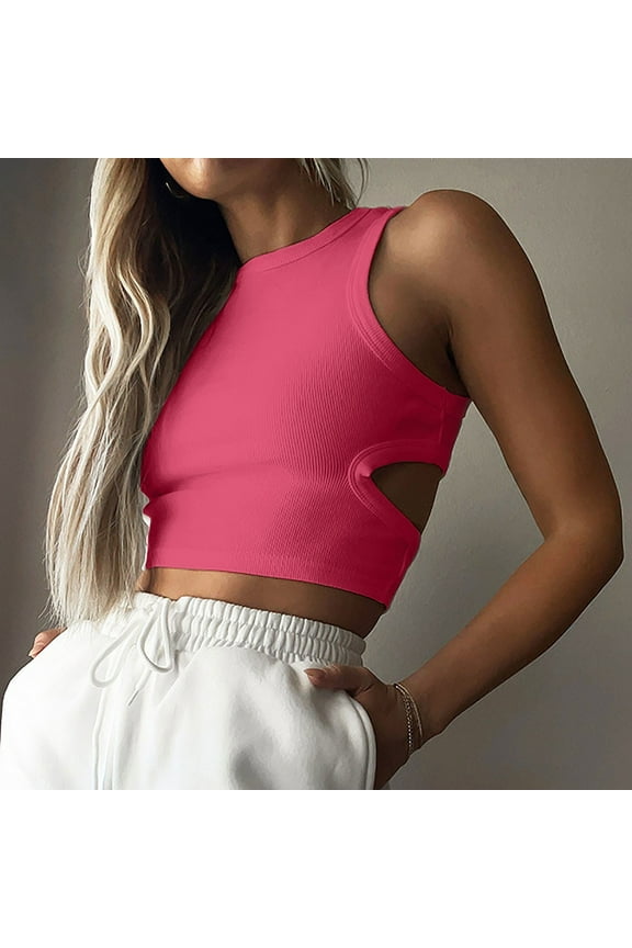 Ribbed Summer Leisure Women's Tank Tops Basic Pink Tops High Neck Open Back Crop Adults Tees