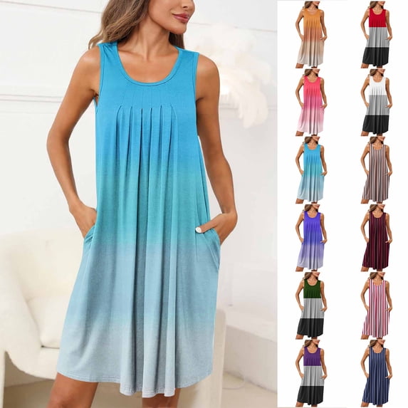 Aobny Ruched Tank Nightgown for Woman Green Color Block Short Crew Neck Sleeveless Womens Nightgowns & Sleepshirts,Women's