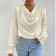 thumbnail image 1 of Aobny Ruffle Flowy Tops for Women Cowl Neck Long Sleeve Beige Satin Tops Blouse Women's Tops,S, 1 of 9