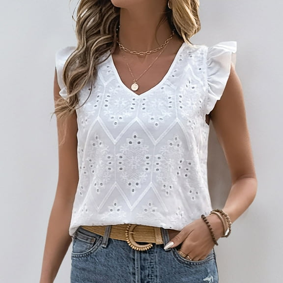 Aobny Ruffle Sexy Tops for Women White Eyelet T-shirts V-Neck Cap Sleeve Short Sleeve Womens Tops Dressy Casual,L