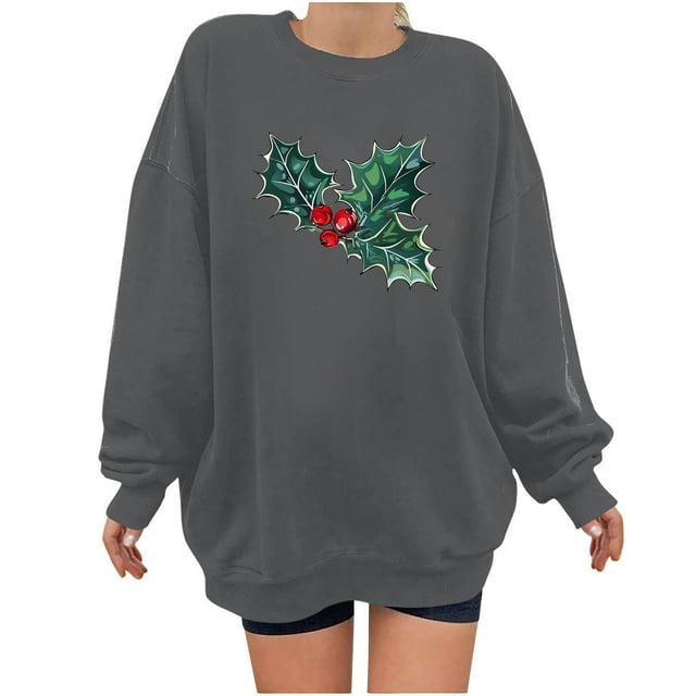 Aobny Santa Everyday Casual Sweatshirts For Women Gray Tunic Tops Crew