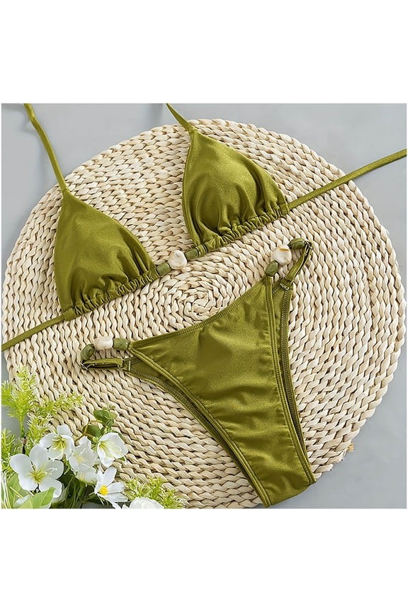 Sexy Bathing Suit Solid Trikini Women Swimsuits Thong Green Triangle Set Swimsuit Women