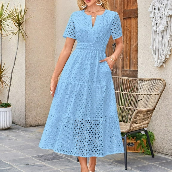 Aobny Sexy Dresses for Women Going Out Cotton Blue Tummy Control A-Line Eyelet Midi Short Sleeve Party Dresses for Women Elegant Classy
