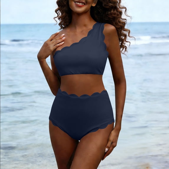 Aobny Sexy Womens Bathing Suit Tummy Control Bathing Suits Bikinis One Shoulder High Waist Navy Blue Swim Suits,M