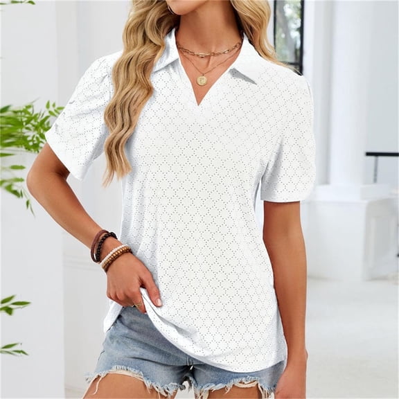Aobny Shirts Polo Eyelet Womens Tops Short Sleeve White Collared Pullover Womens Party Tops,XXL