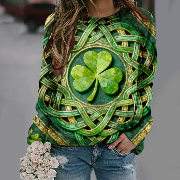 Aobny Shirts for Women Trendy St Patrick's Clovers T-shirts Long Sleeve Green Pullover Crew Neck Birthday Shirt,XXL