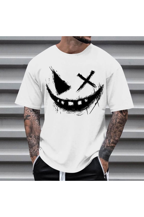 Short Sleeve Men's Novelty Shirts White Oversized Graphic Tops Pullover Crew Neck Anime T Shirts for Man,M