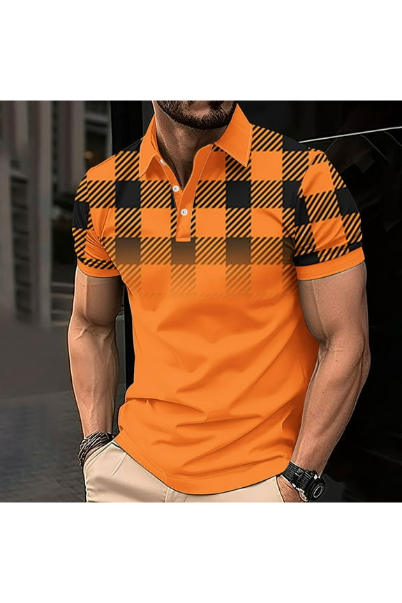 Short Sleeve Plus Size Fall Tops Collared Oversized Button Up Orange Tees Men Plaid Pullover Polos Mens Tshirt,XXL