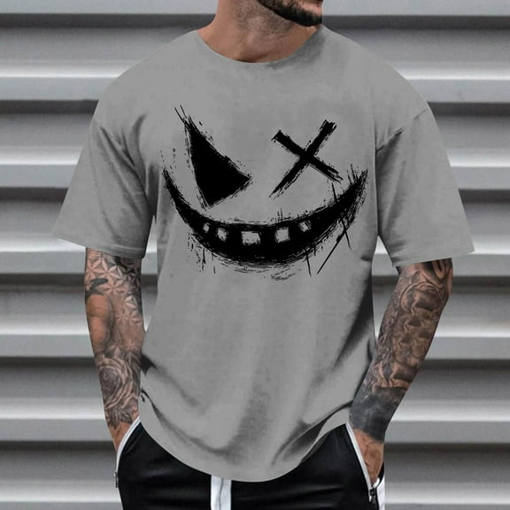 Aobny Short Sleeve Plus Size Fall Tops Gray Oversized Graphic T Shirts Big & Tall Crew Neck Pullover Anime T-Shirts,XXXXL