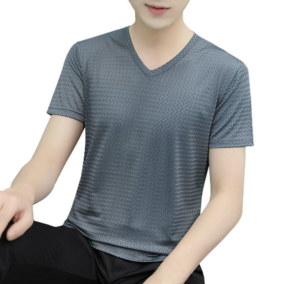 Aobny Short Sleeve Workout Shirts for Men Gray Basic Oversized V-Neck T Shirts Big & Tall Plain Pullover Work Tops,XXXL