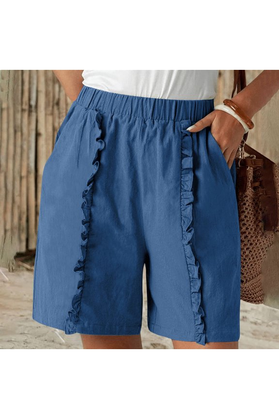 Shorts Solid Ruffle Bermuda Womens Clothing Casual High Waisted Baggy Plus Size Bottoms,Blue,S