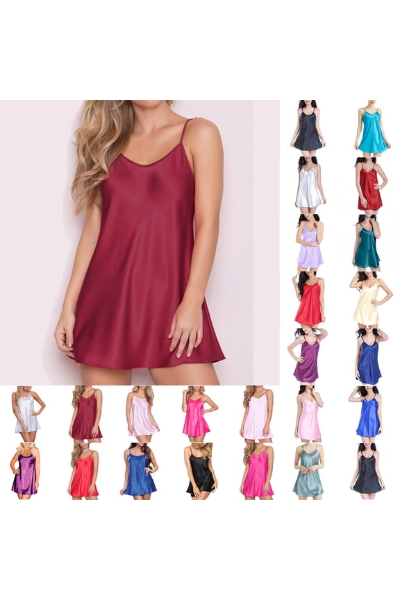 Silk Fall Womens Nightgowns Red Solid Short Halter Sleeveless Sleep Dress Nightshirts for Lady Cute
