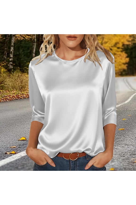 Silk Plus Size Blouse Satin Womens T Shirt 3/4 Sleeve Crew Neck White Pullover Women Shirts,L